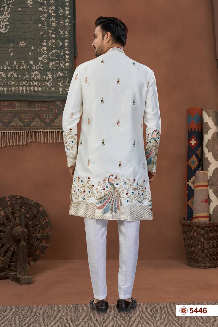 cream colour classic sherwani set with daman flower booti computer amrodery work with less work, & fancy botton