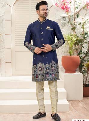 nevy blue     classic sherwani set with daman flower booti computer amrodery work with less work, & fancy botton 1