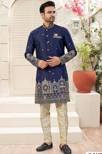 nevy blue     classic sherwani set with daman flower booti computer amrodery work with less work, & fancy botton
