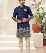 nevy blue     classic sherwani set with daman flower booti computer amrodery work with less work, & fancy botton