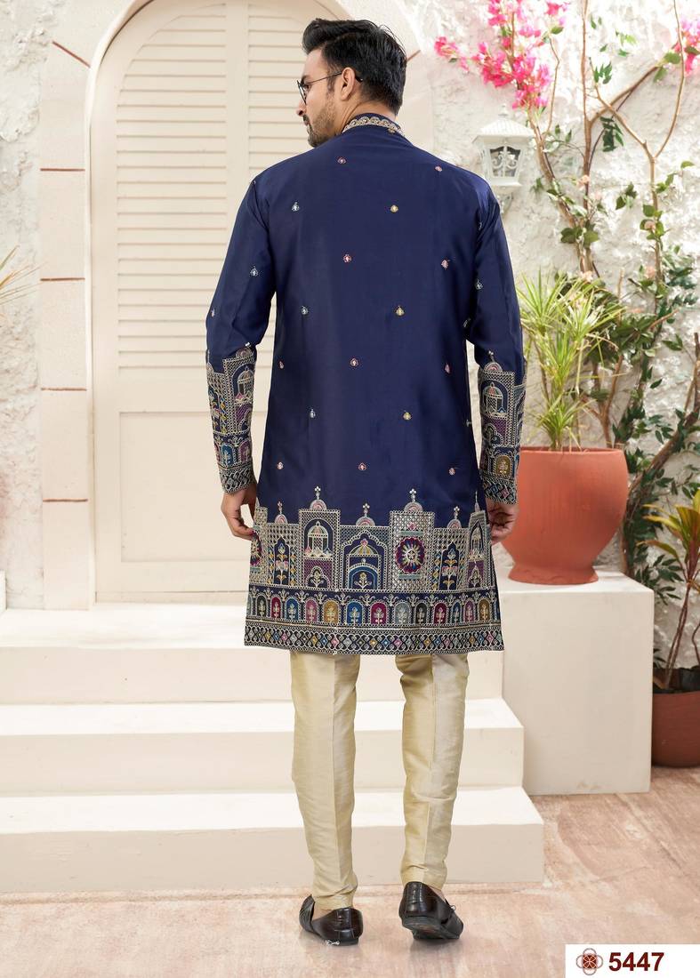 nevy blue     classic sherwani set with daman flower booti computer amrodery work with less work, & fancy botton