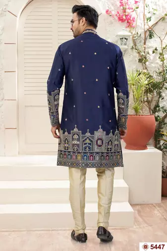 nevy blue     classic sherwani set with daman flower booti computer amrodery work with less work, & fancy botton