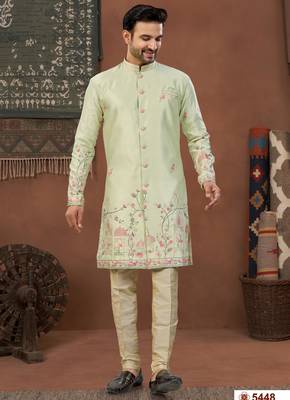 pista green  classic sherwani set with daman flower booti computer amrodery work with less work, & fancy botton 1