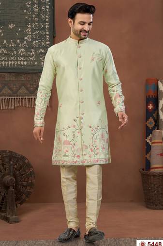 pista green  classic sherwani set with daman flower booti computer amrodery work with less work, & fancy botton