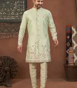 pista green  classic sherwani set with daman flower booti computer amrodery work with less work, & fancy botton