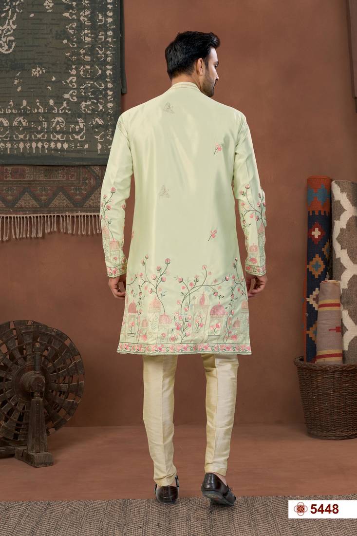 pista green  classic sherwani set with daman flower booti computer amrodery work with less work, & fancy botton