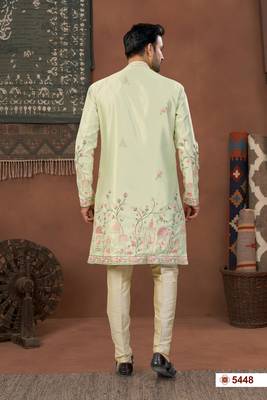pista green  classic sherwani set with daman flower booti computer amrodery work with less work, & fancy botton 3
