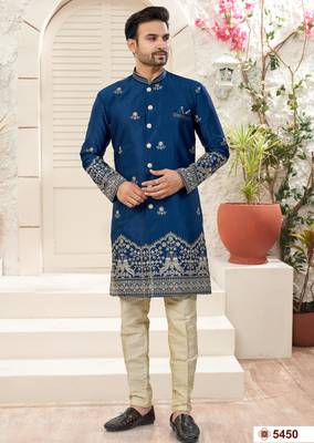 c. blue  classic sherwani set with daman flower booti computer amrodery work with less work, & fancy botton 1