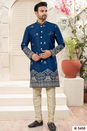 c. blue  classic sherwani set with daman flower booti computer amrodery work with less work, & fancy botton
