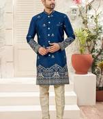 c. blue  classic sherwani set with daman flower booti computer amrodery work with less work, & fancy botton