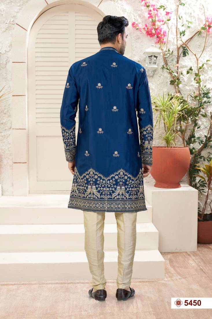 c. blue  classic sherwani set with daman flower booti computer amrodery work with less work, & fancy botton