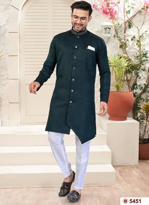 bottle greenhavy sherwani set with thred, star work & zari work with fancy botton 1
