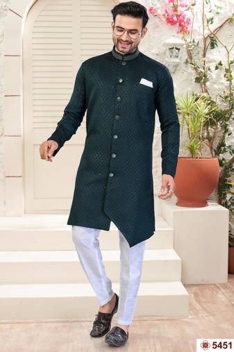 bottle greenhavy sherwani set with thred, star work & zari work with fancy botton