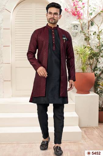 Maroon & blackhavy jacket style attached indowestern set with thred and stone work with fancy botton