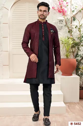 Maroon & blackhavy jacket style attached indowestern set with thred and stone work with fancy botton