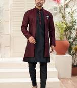 Maroon & blackhavy jacket style attached indowestern set with thred and stone work with fancy botton