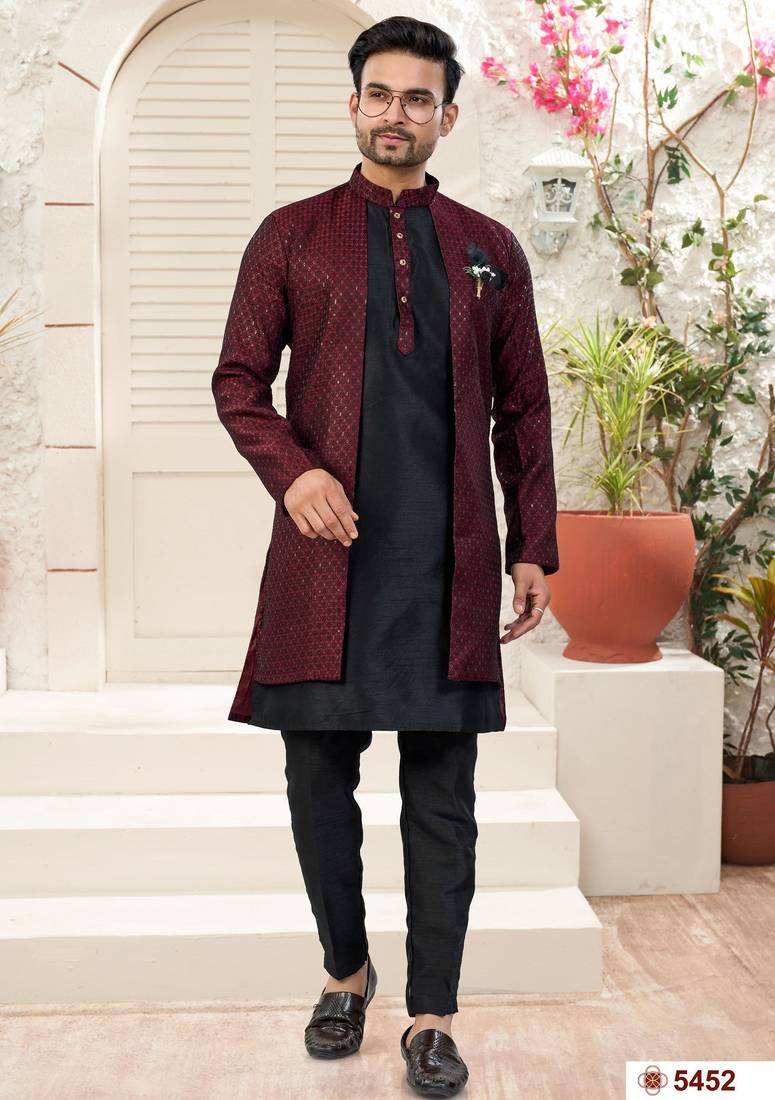 Maroon & blackhavy jacket style attached indowestern set with thred and stone work with fancy botton