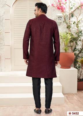 Maroon & blackhavy jacket style attached indowestern set with thred and stone work with fancy botton 3