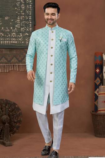 Firozi & off whitehavy jacket style attached indowestern   set with thred work & fancy botton