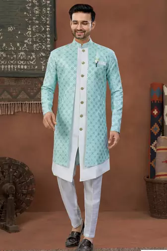 Firozi & off whitehavy jacket style attached indowestern   set with thred work & fancy botton
