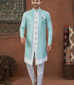 Firozi & off whitehavy jacket style attached indowestern   set with thred work & fancy botton