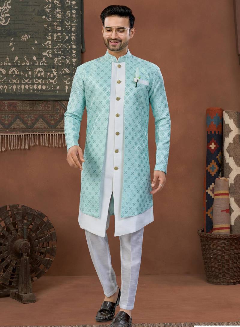Firozi & off whitehavy jacket style attached indowestern   set with thred work & fancy botton