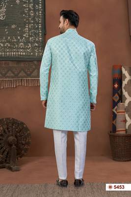 Firozi & off whitehavy jacket style attached indowestern   set with thred work & fancy botton 3