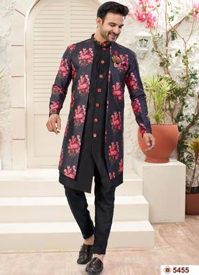 Blackdigital printed jacket style attached indowestern   set with thred work & fancy batan 1