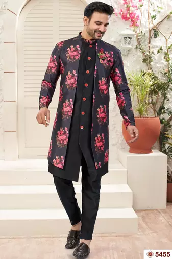 Blackdigital printed jacket style attached indowestern   set with thred work & fancy batan