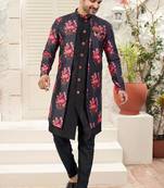 Blackdigital printed jacket style attached indowestern   set with thred work & fancy batan