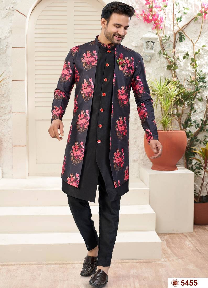 Blackdigital printed jacket style attached indowestern   set with thred work & fancy batan