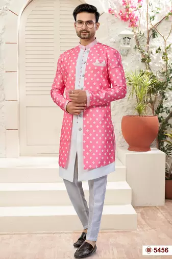 Pink & off whitehavy jacket style attached indowestern   set with thred work & fancy botton