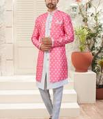 Pink & off whitehavy jacket style attached indowestern   set with thred work & fancy botton
