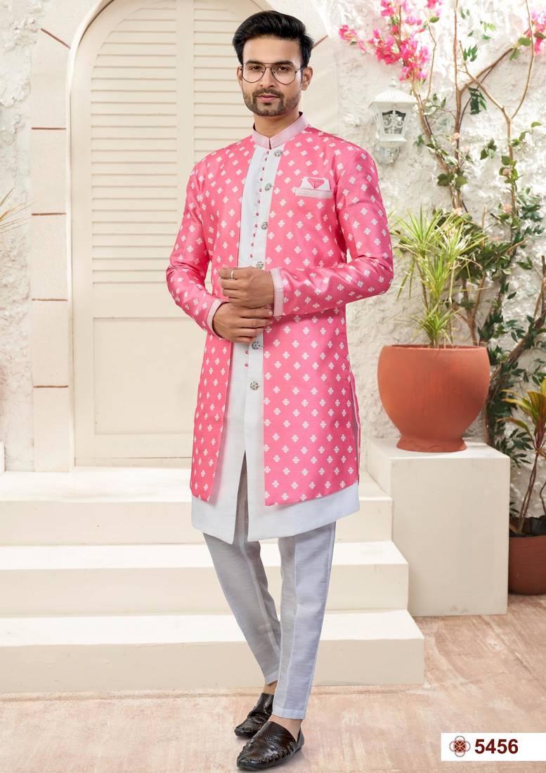 Pink & off whitehavy jacket style attached indowestern   set with thred work & fancy botton