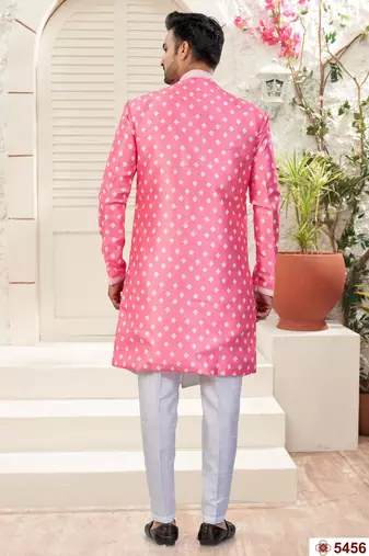 Pink & off whitehavy jacket style attached indowestern   set with thred work & fancy botton