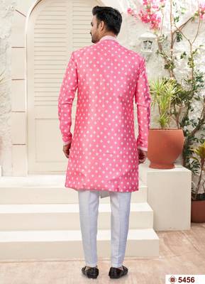 Pink & off whitehavy jacket style attached indowestern   set with thred work & fancy botton 3