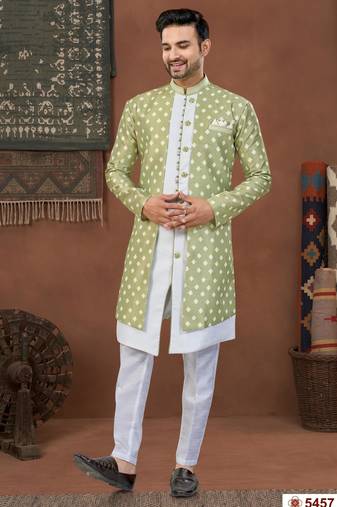 Pista green & off whitehavy jacket style attached indowestern   set with thred work & fancy botton