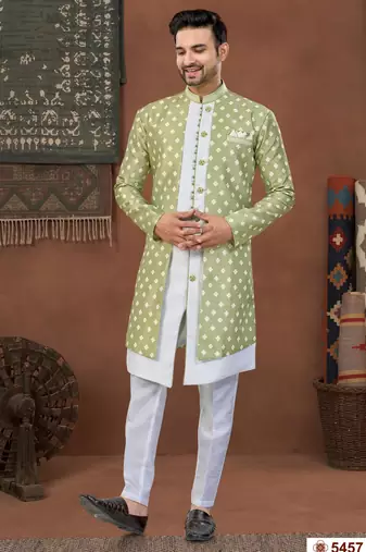 Pista green & off whitehavy jacket style attached indowestern   set with thred work & fancy botton