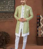 Pista green & off whitehavy jacket style attached indowestern   set with thred work & fancy botton