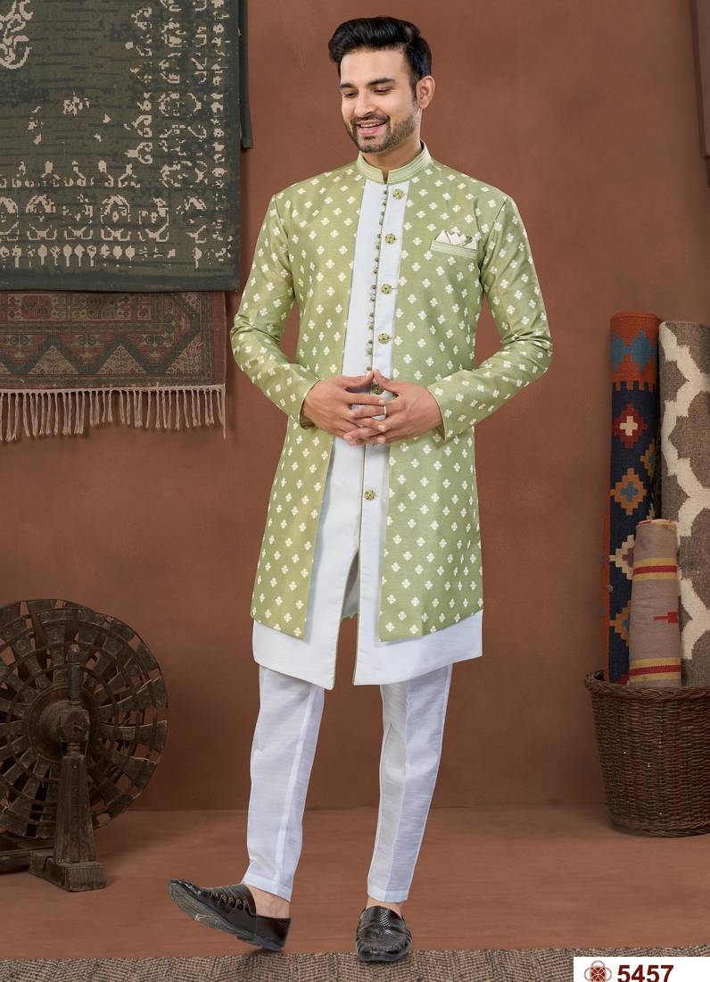 Pista green & off whitehavy jacket style attached indowestern   set with thred work & fancy botton