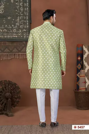 Pista green & off whitehavy jacket style attached indowestern   set with thred work & fancy botton