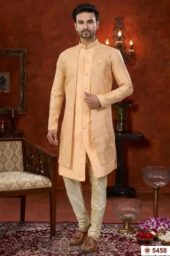 Peach  havy jacket style attached indowestern   set with thred work & fancy botton