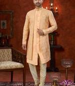 Peach  havy jacket style attached indowestern   set with thred work & fancy botton