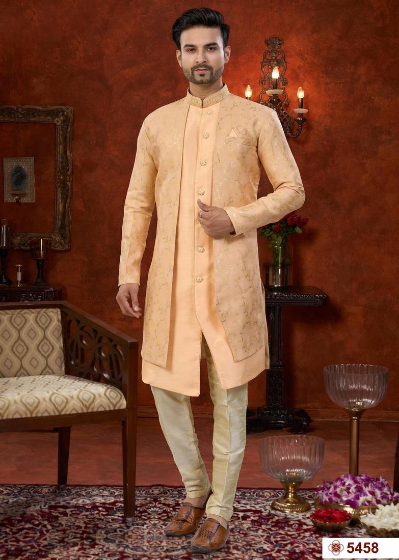 Peach  havy jacket style attached indowestern   set with thred work & fancy botton