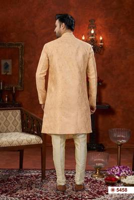 Peach  havy jacket style attached indowestern   set with thred work & fancy botton 2
