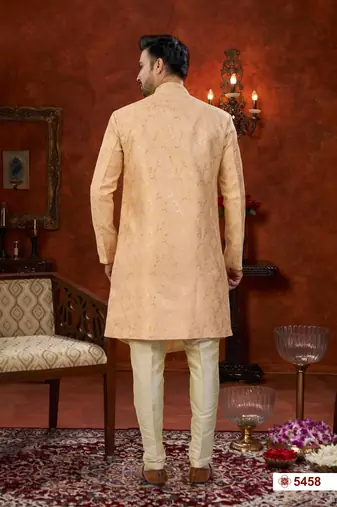 Peach  havy jacket style attached indowestern   set with thred work & fancy botton