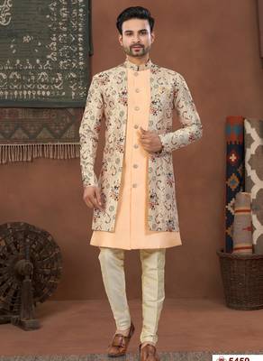 Beige & mixdigital printed jacket style attached indowestern set with thred work & fancy batan 1
