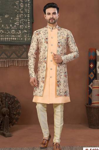 Beige & mixdigital printed jacket style attached indowestern set with thred work & fancy batan
