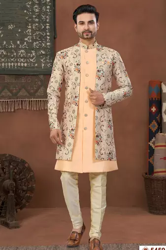 Beige & mixdigital printed jacket style attached indowestern set with thred work & fancy batan