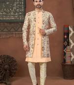 Beige & mixdigital printed jacket style attached indowestern set with thred work & fancy batan